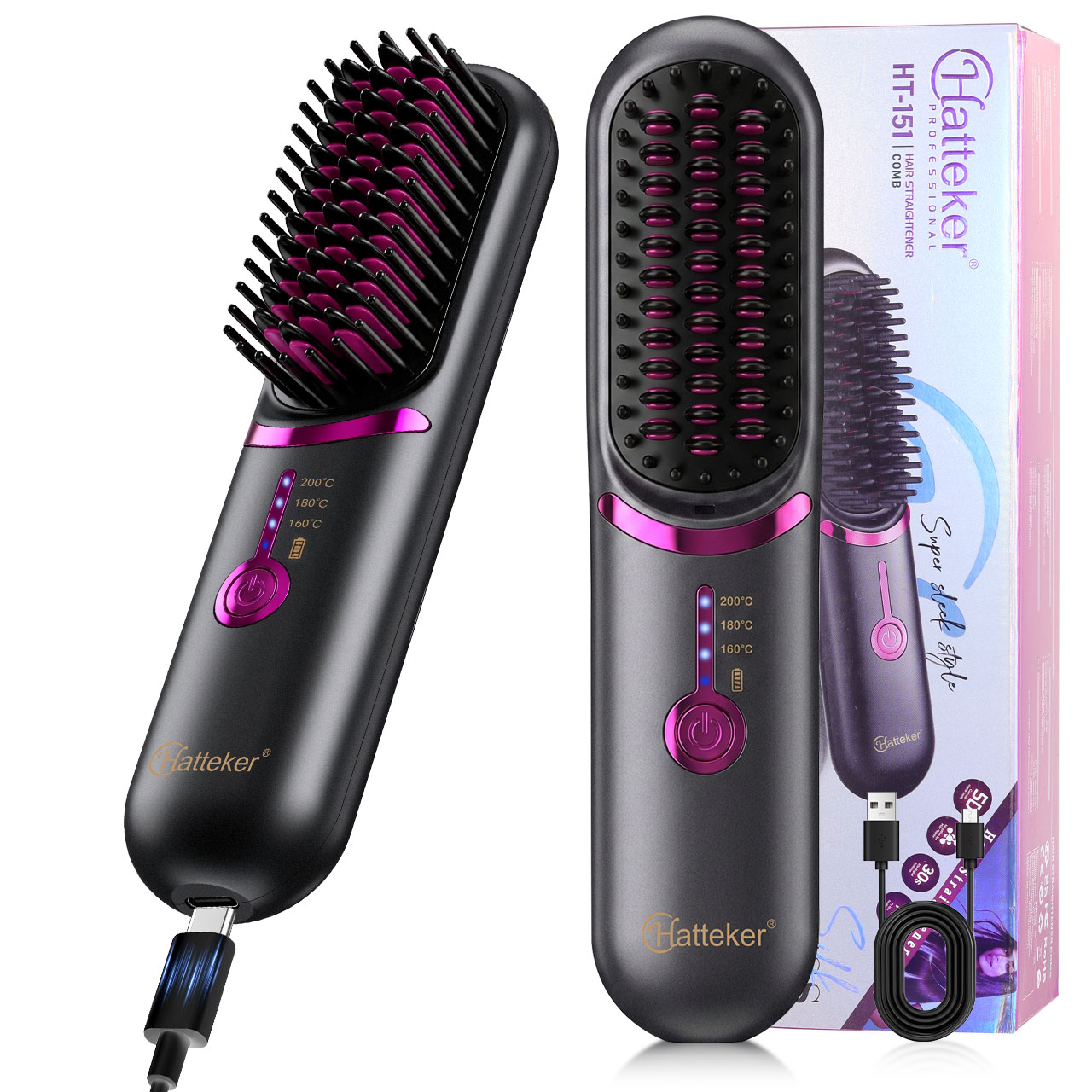Hair Straightener - Hatteker Wireless Portable Travel Hair Straightening